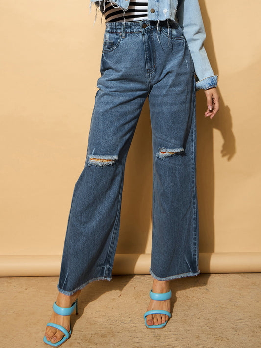 Women Navy Blue Distressed Slashed Knee Frayed Jeans