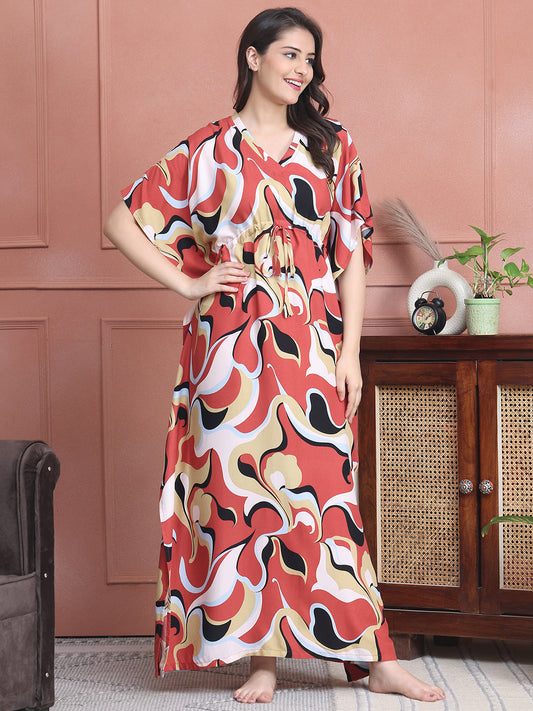 Rust Colour Abstract Printed Viscose Rayon Kaftan For Women