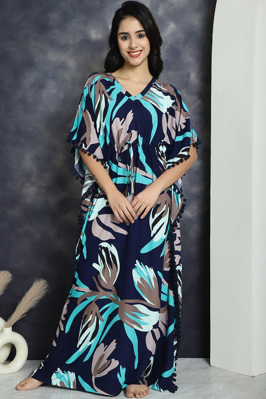 Navy Colour Abstract Printed Maxi Kaftan Nightdress