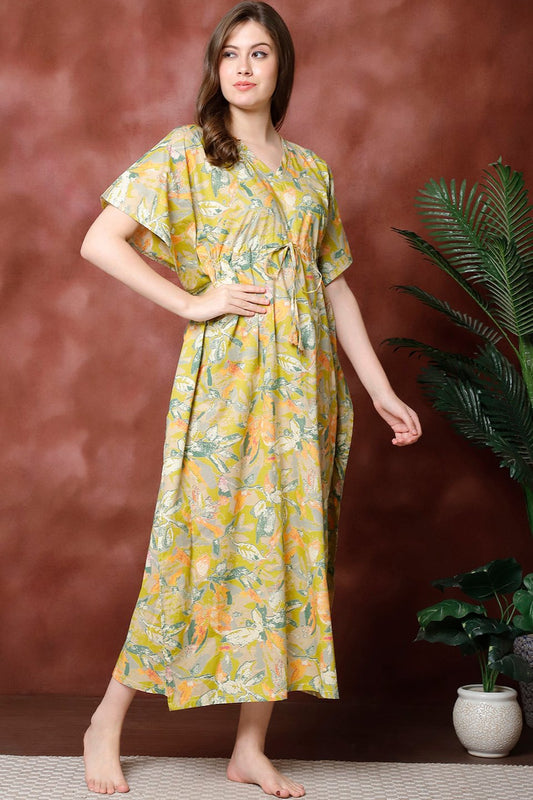 Green Color Floral Printed Pure Cotton Kaftan For Women