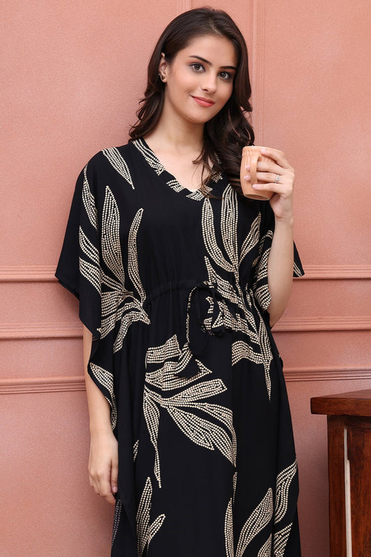 Black Color Floral Printed Viscose Rayon Kaftan