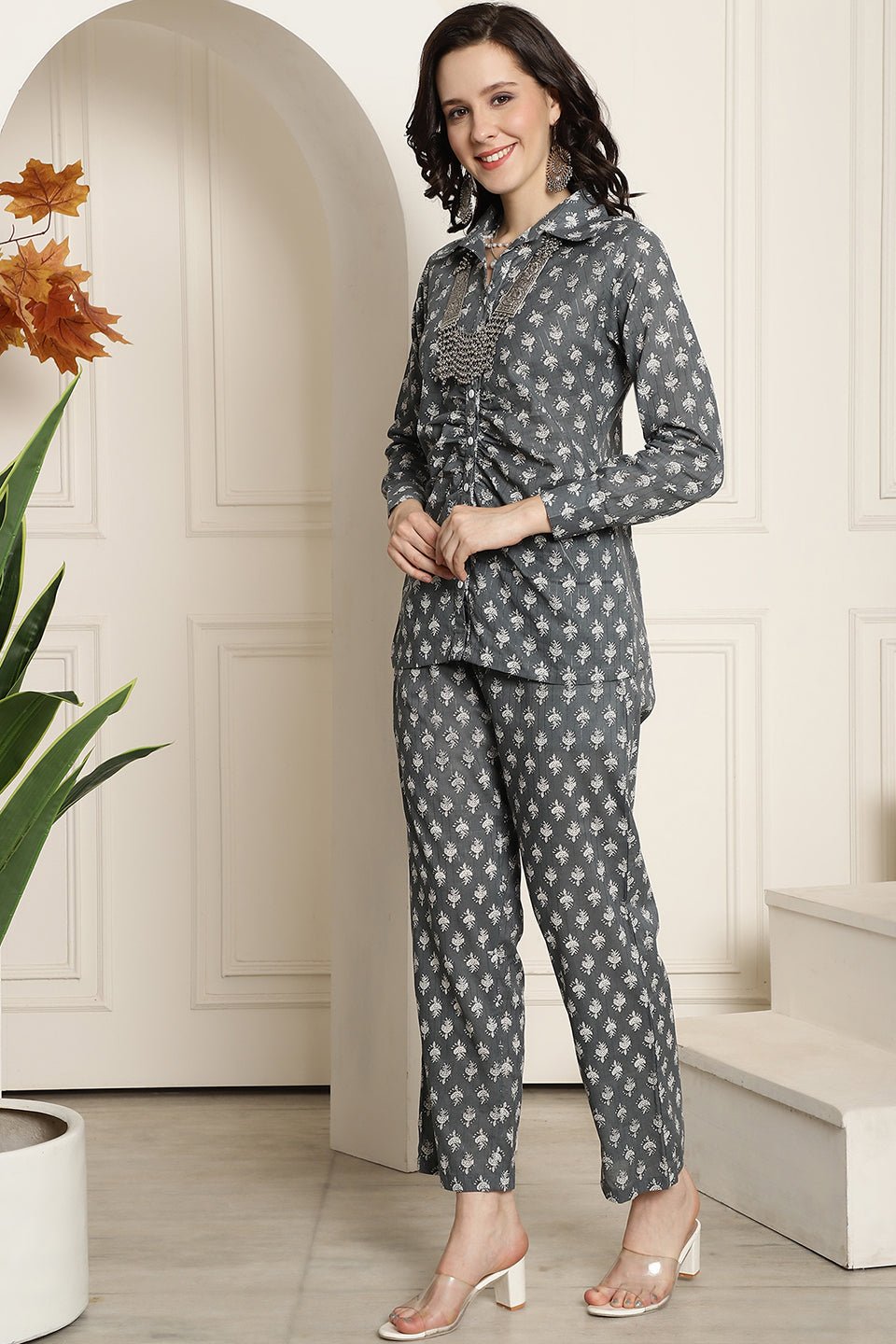 Grey Floral Printed Cotton Shirt with Trousers Co-Ord Set for Women