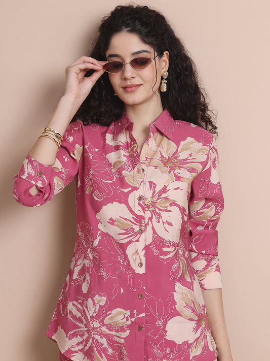 Pink Colour Floral Printed Premium Chanderi Co-ord Set For Women