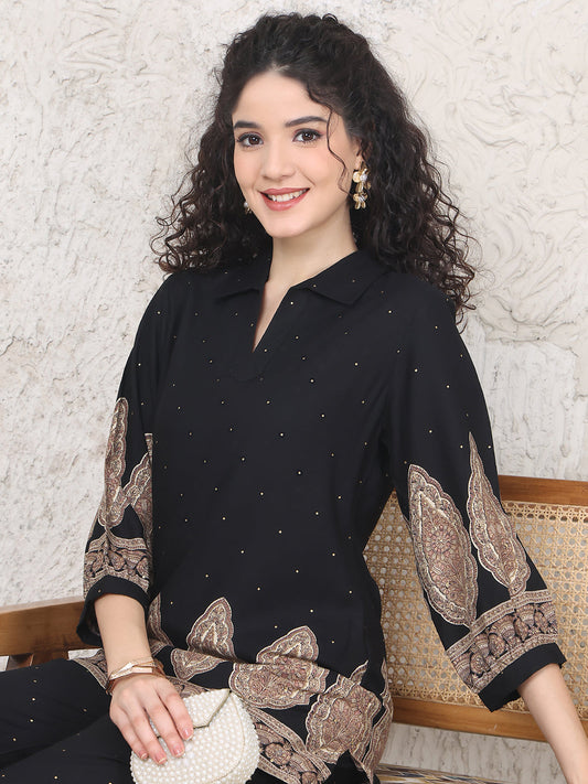Black Colour Abstract Printed Viscose Rayon Co-ord Set
