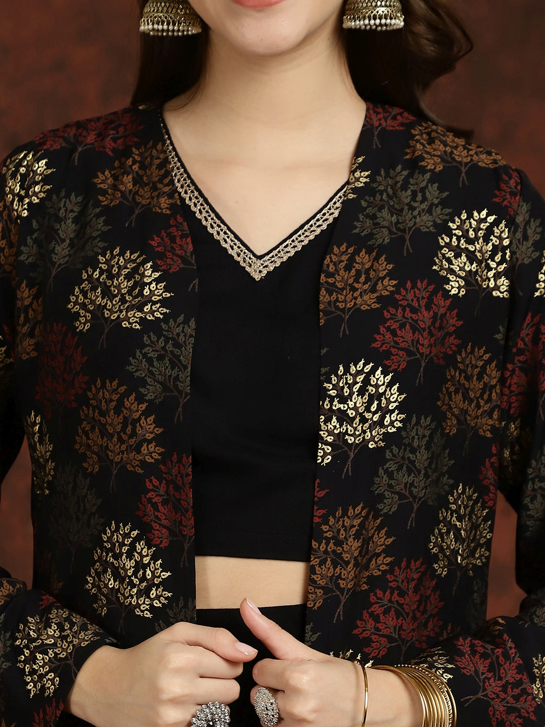 Black V-Neck Ethnic Printed Co-Ord Set with Palazzo & Jacket for Women