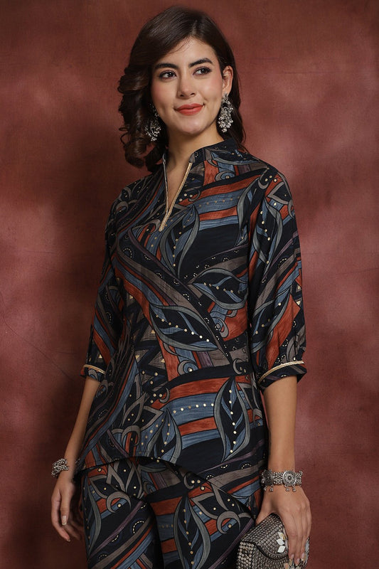 Navy Abstract Printed Chanderi Silk Co-Ord Set for Women