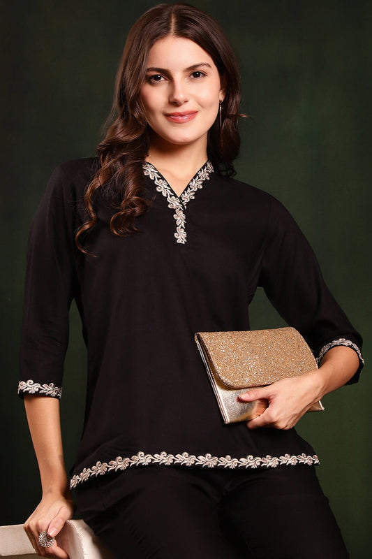 Black Color Embroidered Viscose Rayon Co-ord Set