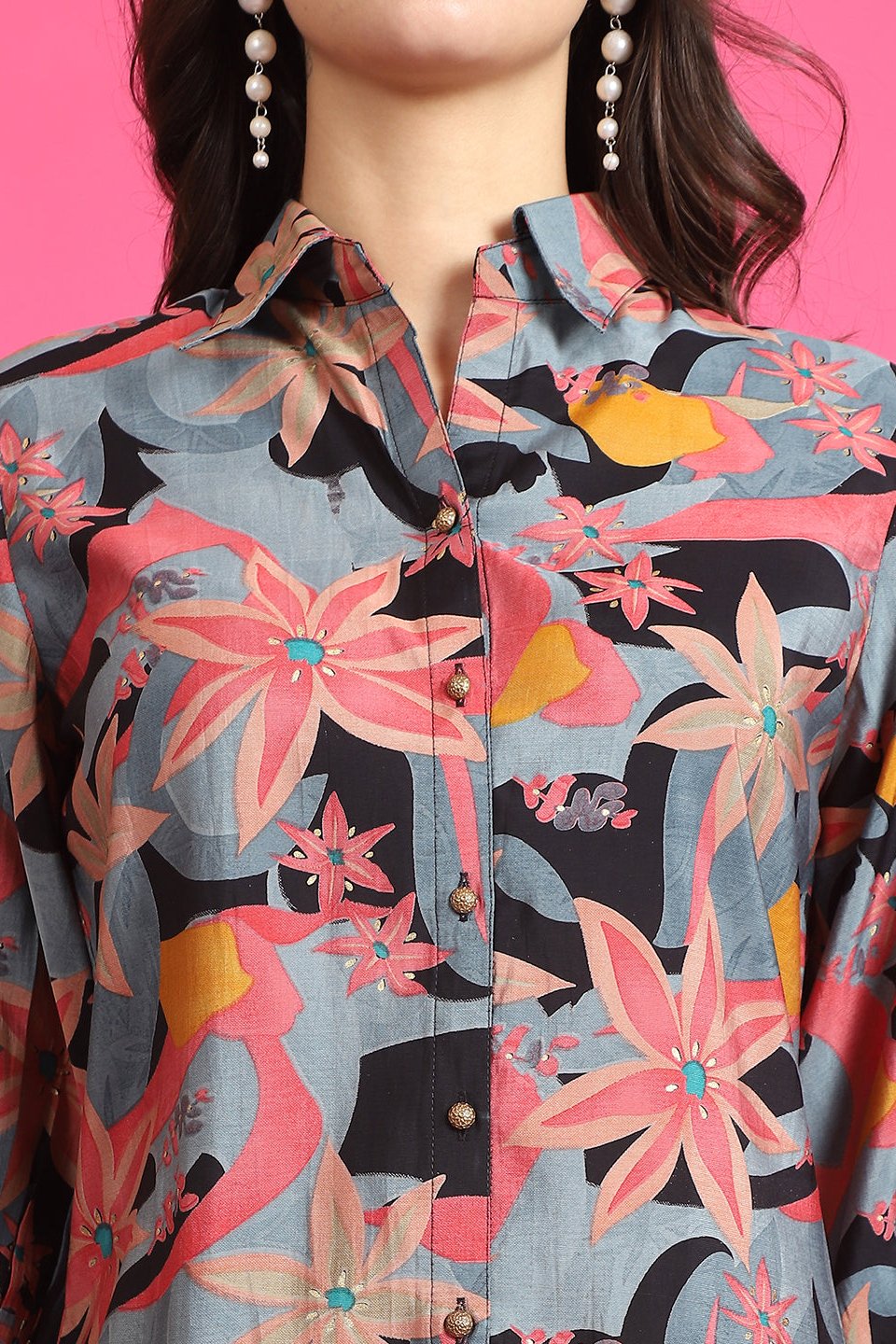 Black Floral Printed Tunic & Trousers Co-Ord Set for Women