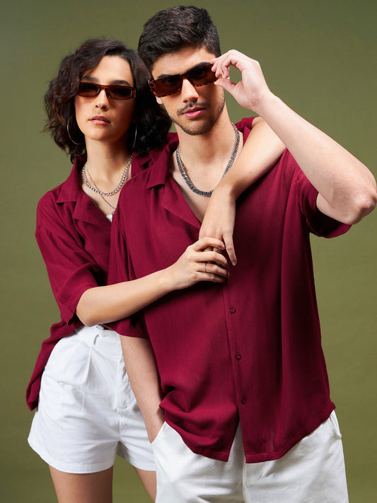 Unisex Maroon Solid Relax Fit Shirt