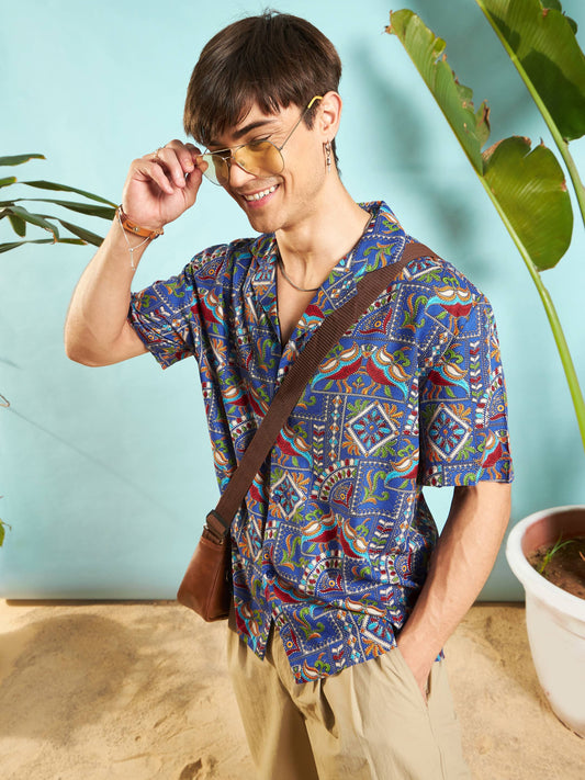 Men Blue Ethnic Print Relax Fit Shirt
