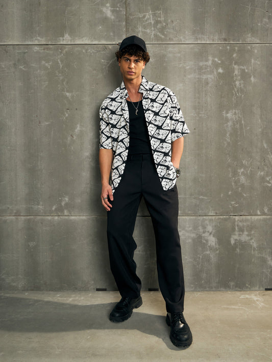 Men White & Black Conversational Print Relax Fit Shirt