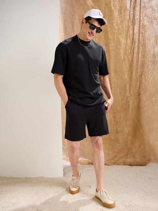 Men Black Waffle Front Pocket Oversize T-Shirt