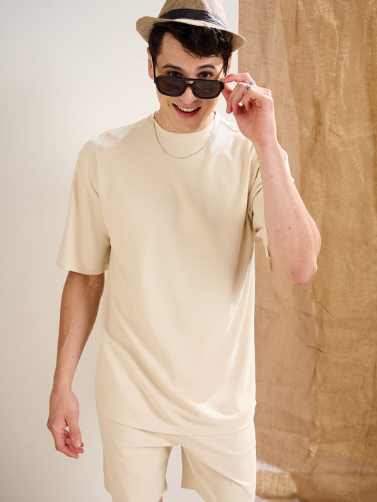 Men Beige Waffle Oversize T-Shirt