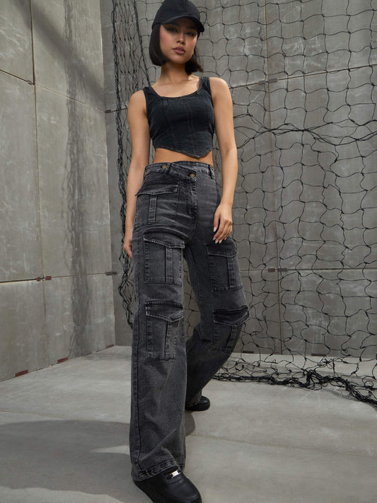 Women Black Washed Cargo Straight Jeans