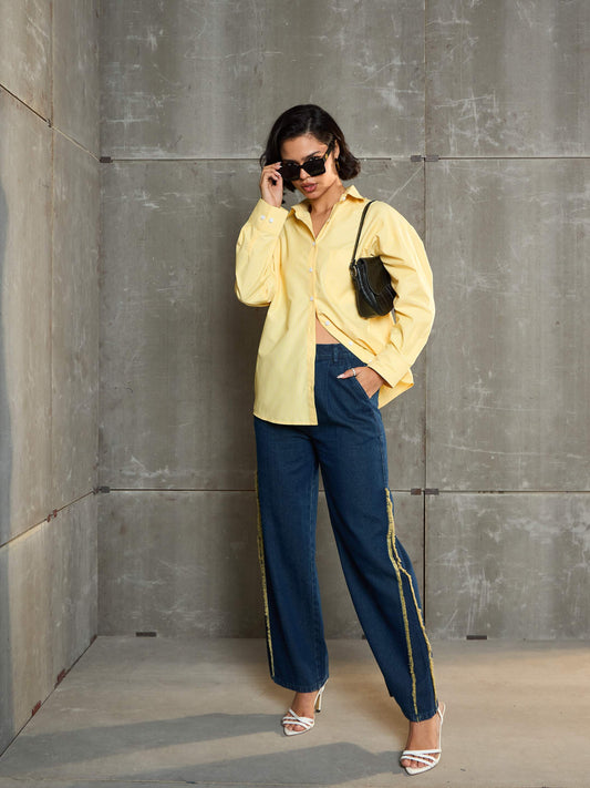 Women Nevy Blue Fringed Straight Fit Jeans