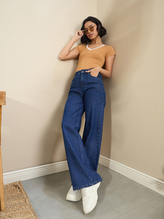 Women Navy Blue Wash High Waist Straight Fit Jeans