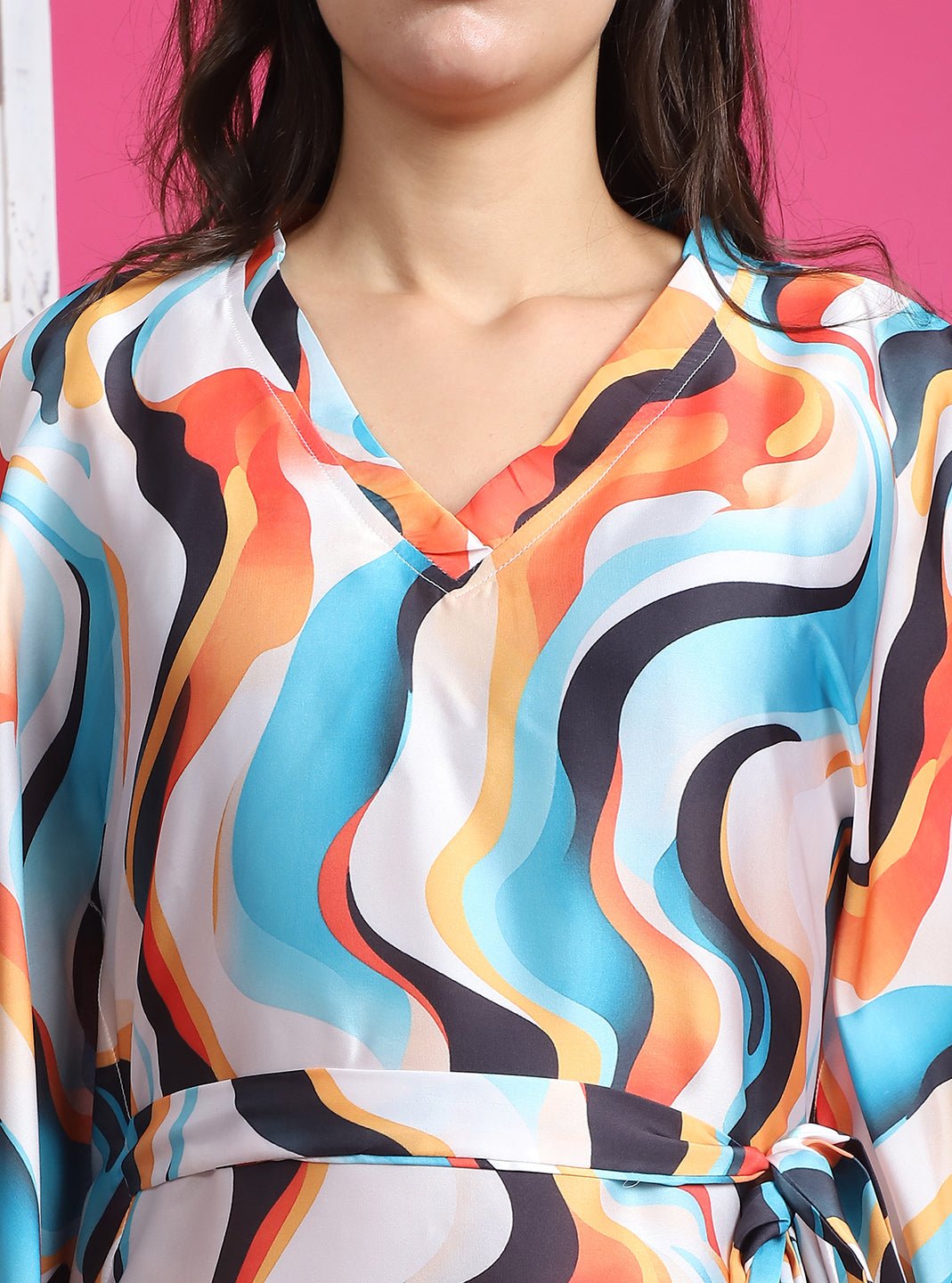 White Color Abstract Printed Satin Kaftan For Women