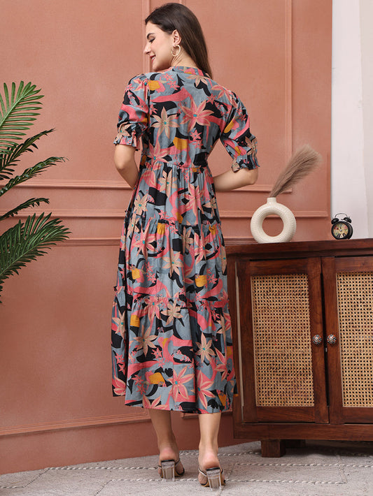 Multi Color Floral Printed Premium Chanderi Dress
