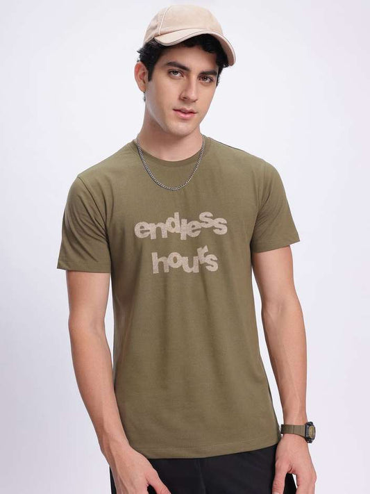 Men Printed Round Neck Cotton Blend Green T-Shirt