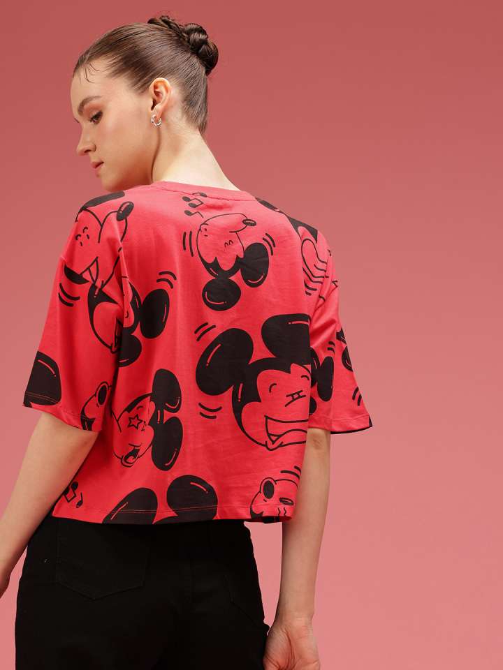 Mickey Mouse Printed Drop Shoulder Sleeves Relaxed Fit Pure Cotton T-Shirt