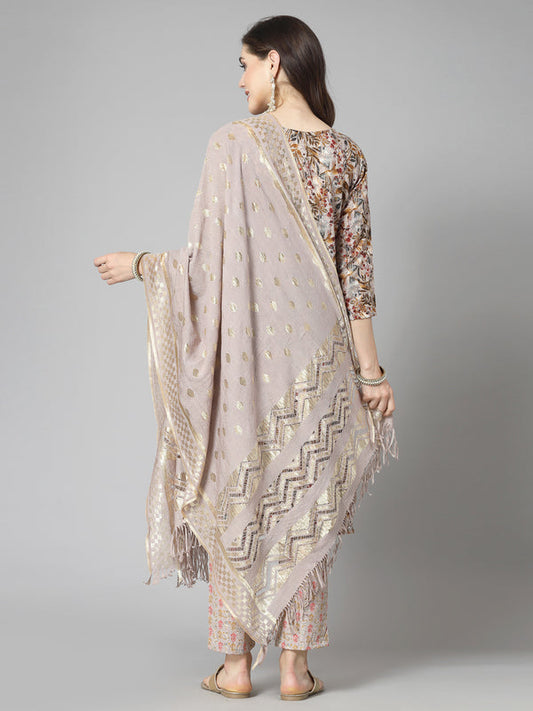 Floral Printed Cotton Blend Straight Kurta Pant Dupatta Set