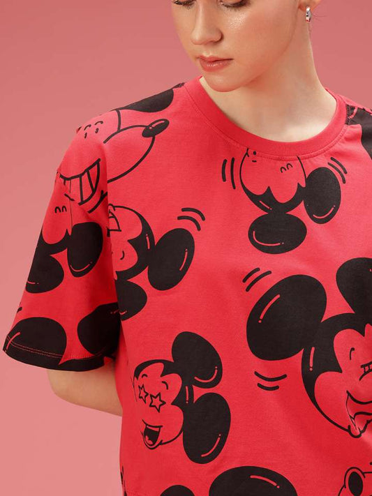 Mickey Mouse Printed Drop Shoulder Sleeves Relaxed Fit Pure Cotton T-Shirt