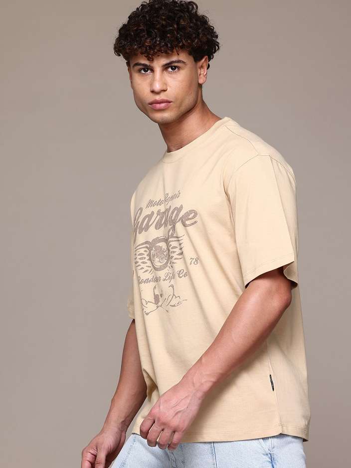 Men Printed Round Neck Cotton Blend Beige T-Shirt