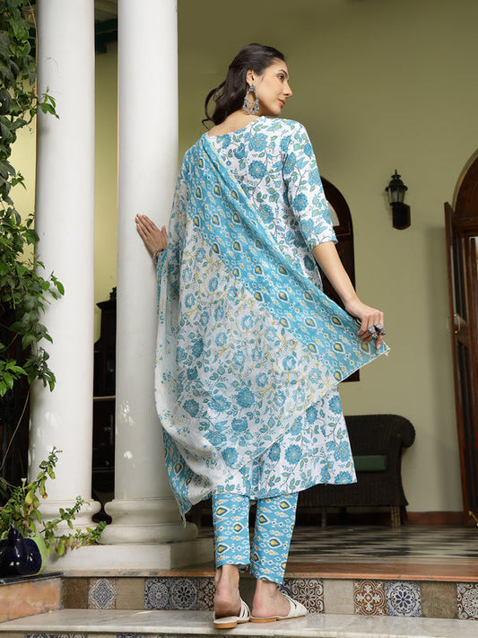 Turquoise Floral Printed Cotton A-Line Kurta Pant Dupatta Set