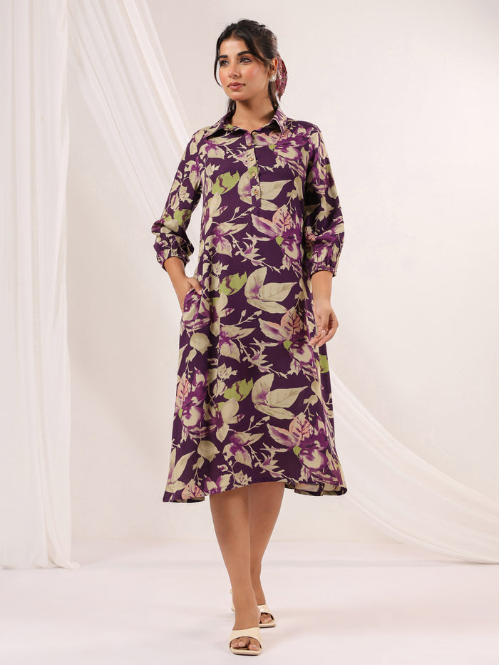 Purple Rayon Floral Printed A line Dress