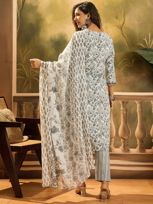 Grey Floral Printed Cotton Straight Kurta Pant Dupatta Set