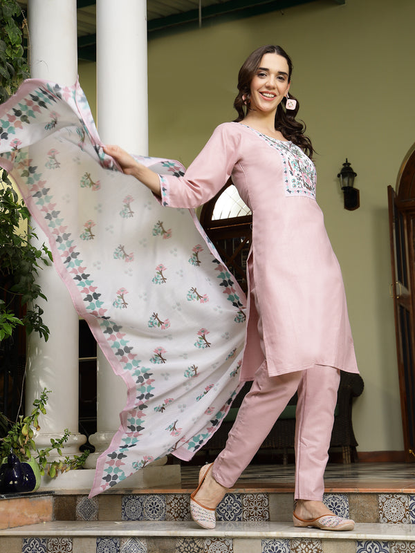 Pink Solid Cotton Straight Kurta Pant Dupatta Set