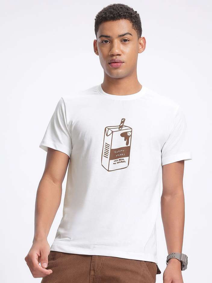 Men Printed Round Neck Cotton Blend White T-Shirt