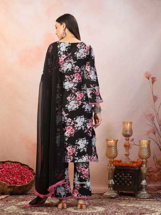 Black Printed Italian Crush Straight Kurta Pant Dupatta Set