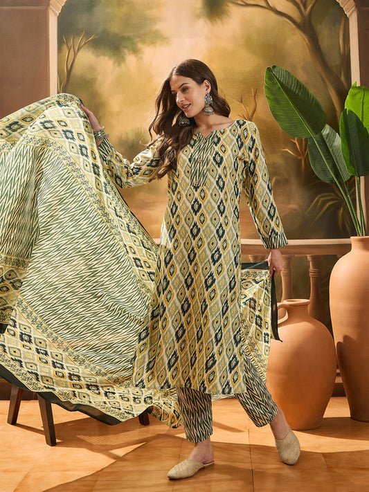 Green Geometric Printed Cotton Blend Straight Kurta Pant Dupatta Set