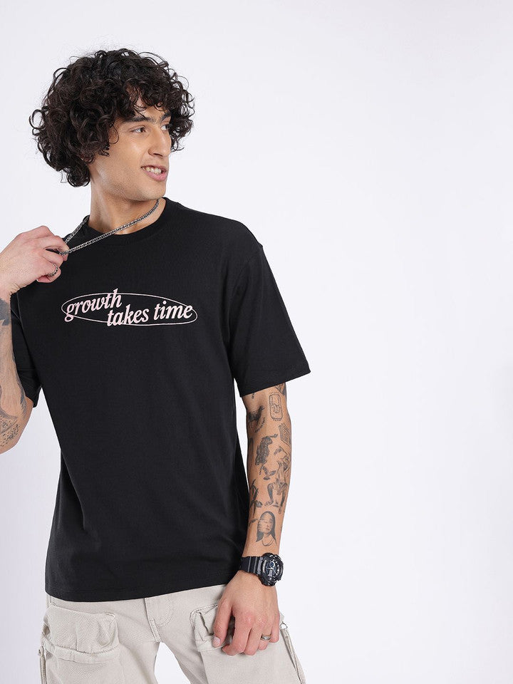 Men Printed Round Neck Cotton Blend Black T-Shirt