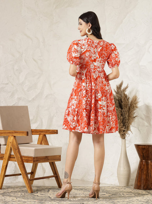 Orange Tropical Printed Cotton Flared Dress