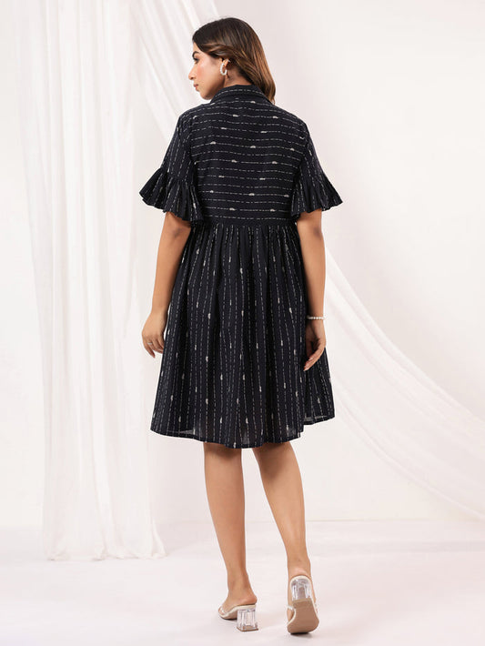 Black Cotton Abstract Printed A line Dress
