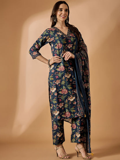 Floral Printed Kurta With Palazzo & Dupatta Set