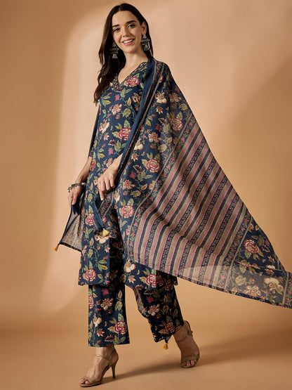 Floral Printed Kurta With Palazzo & Dupatta Set