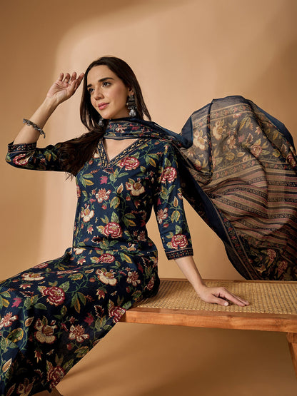 Floral Printed Kurta With Palazzo & Dupatta Set