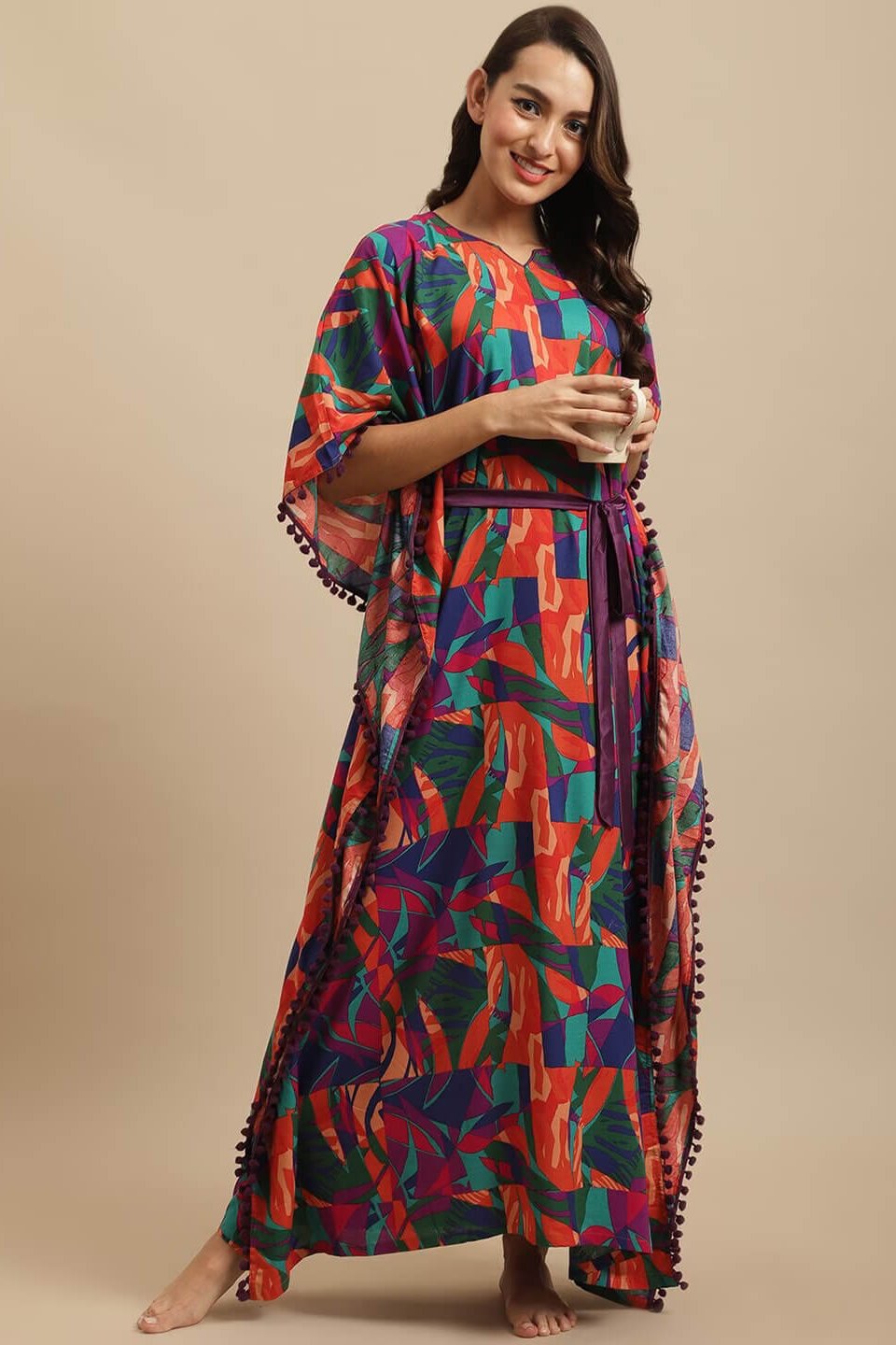 Multicolor Floral Printed Viscose Rayon Kaftan For Woman