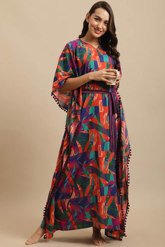 Multicolor Floral Printed Viscose Rayon Kaftan For Woman