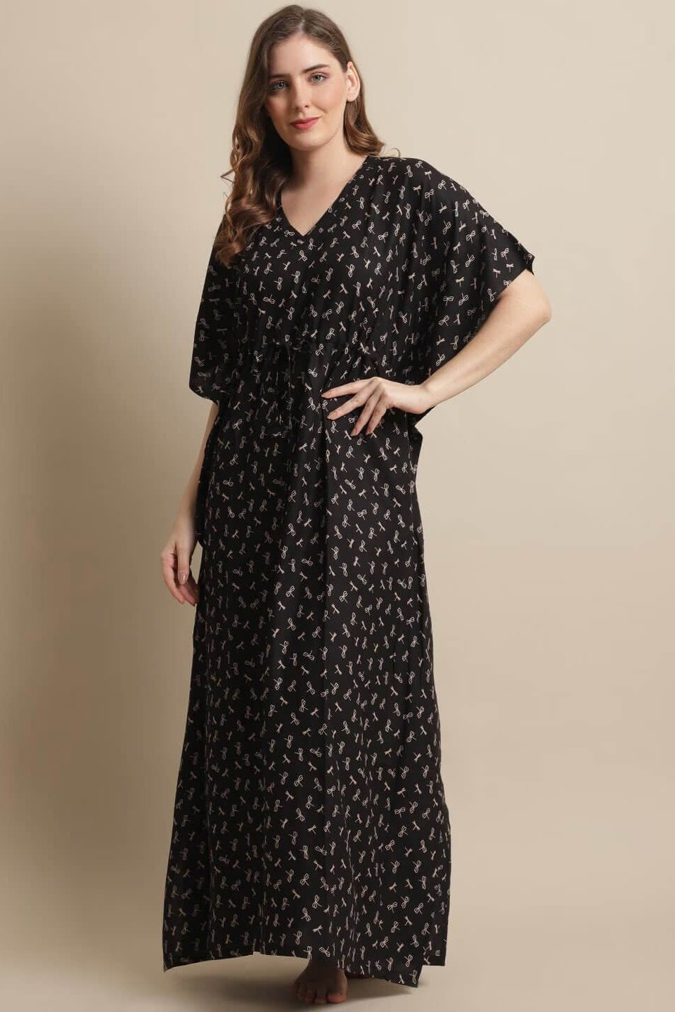 Black Color Floral Printed Viscose Rayon Kaftan