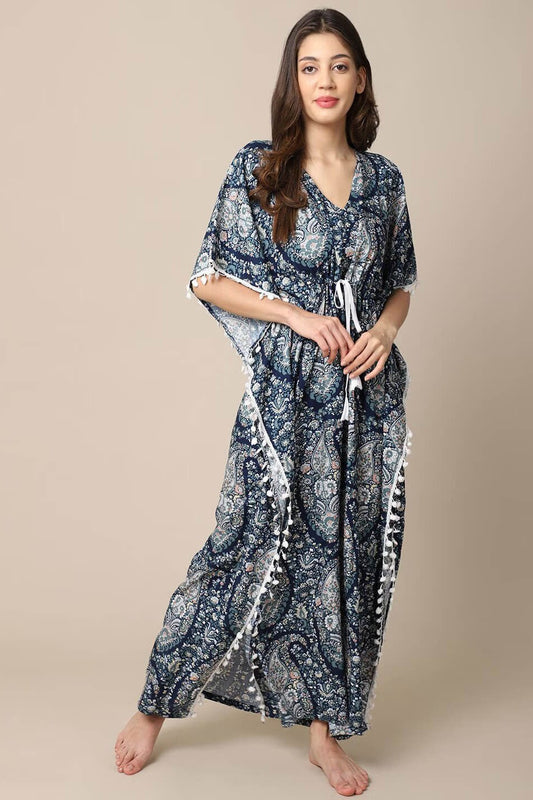 Blue Motif Printed Viscose Rayon Kaftan For Women