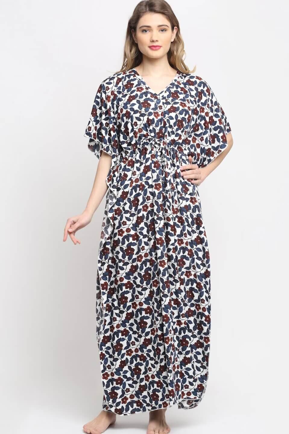 White and Blue Floral Printed Viscose Rayon Kaftan