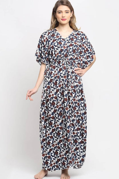 White and Blue Floral Printed Viscose Rayon Kaftan