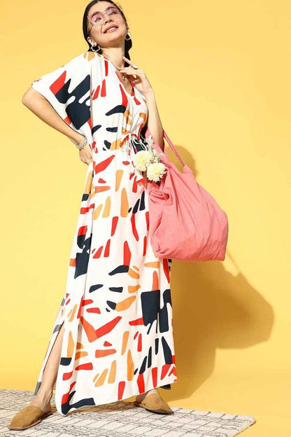 White Color Abstract Printed Rayon Kaftan