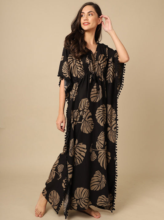 Black Color Floral Printed Viscose Rayon Kaftan