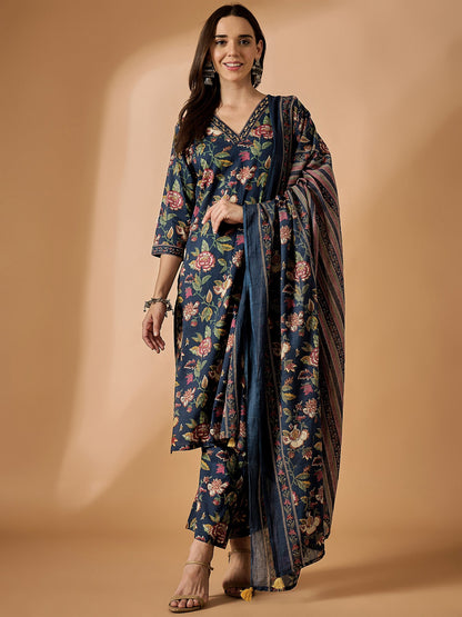 Floral Printed Kurta With Palazzo & Dupatta Set