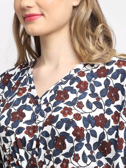 White and Blue Floral Printed Viscose Rayon Kaftan